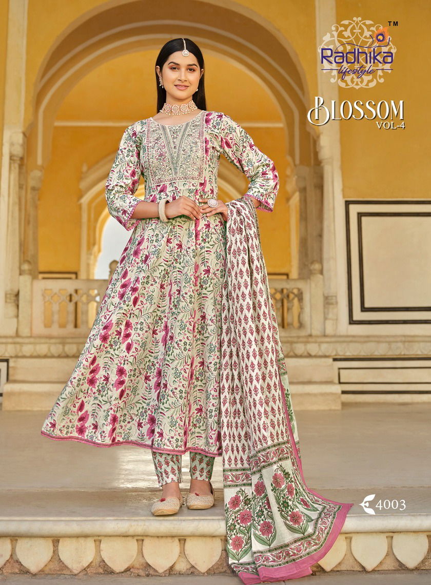 Blossom Vol 4 By Radhika Cotton Printed Long Kurti With Bottom Dupatta Wholesale Shop In Surat
